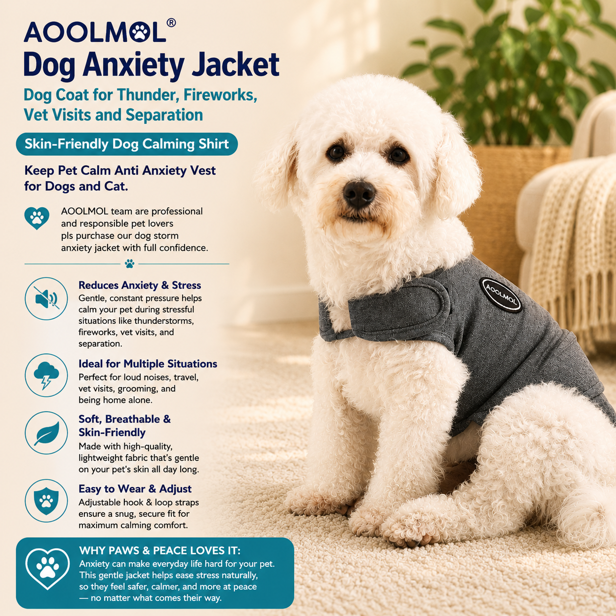 AOOLMOL Dog Anxiety Jacket Dog Coat for Thunder Fireworks Vet Visits and Separation - Skin-Friendly Dog Calming Shirt - Keep Pet Calm Anti Anxiety Vest for Dogs and Cat