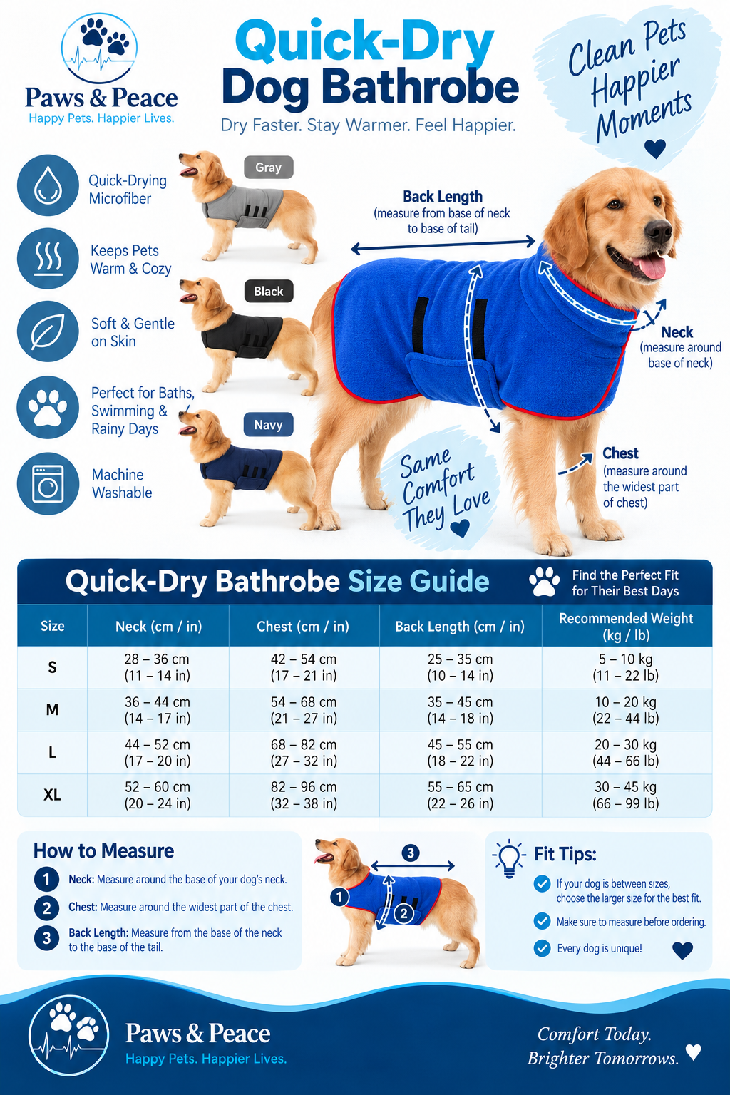 Quick-Dry dog bathrobe size guide showing back length and chest measurements