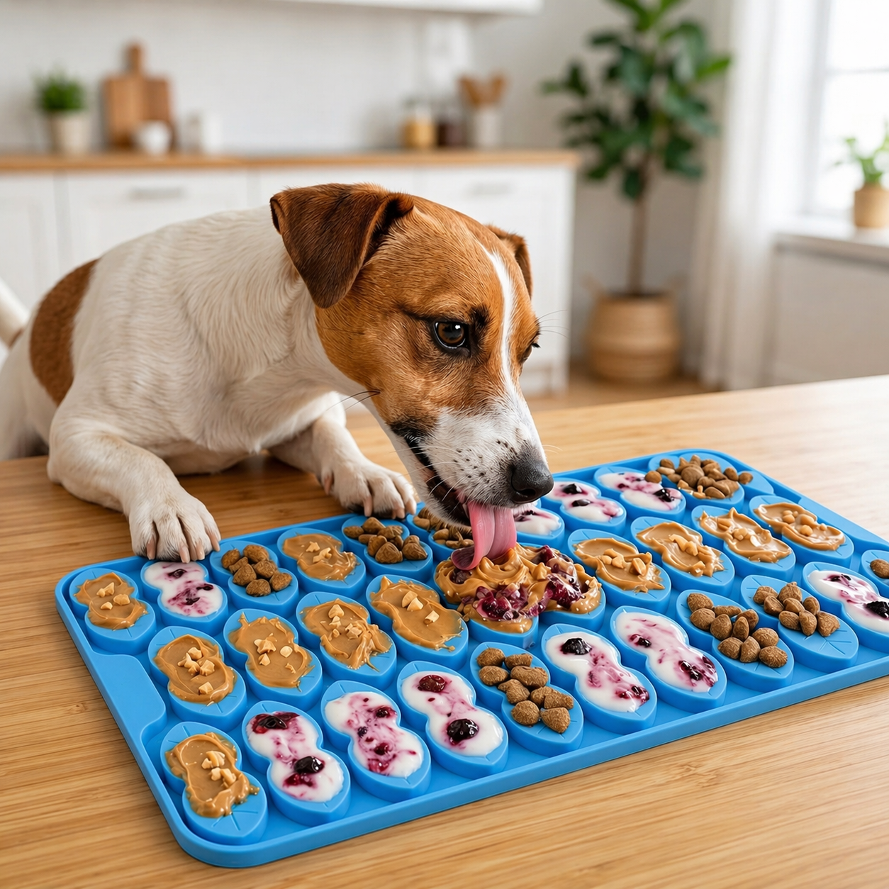 Dog licking CalmLeaf™ Lick Mat with treats | Paws&Peace