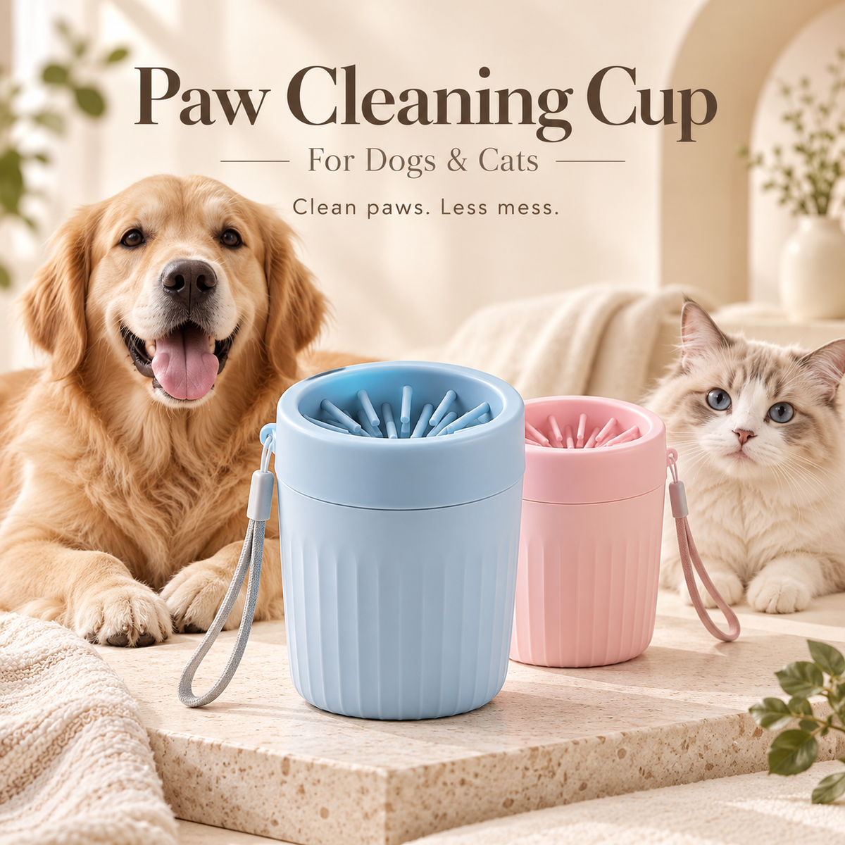 Paw Cleaning Cup promotional image with blue and pink cups beside a dog and cat.