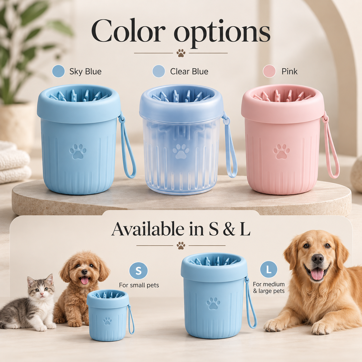 Paw Cleaning Cup promotional image showing Sky Blue, Clear Blue and Pink options and small and large sizes.