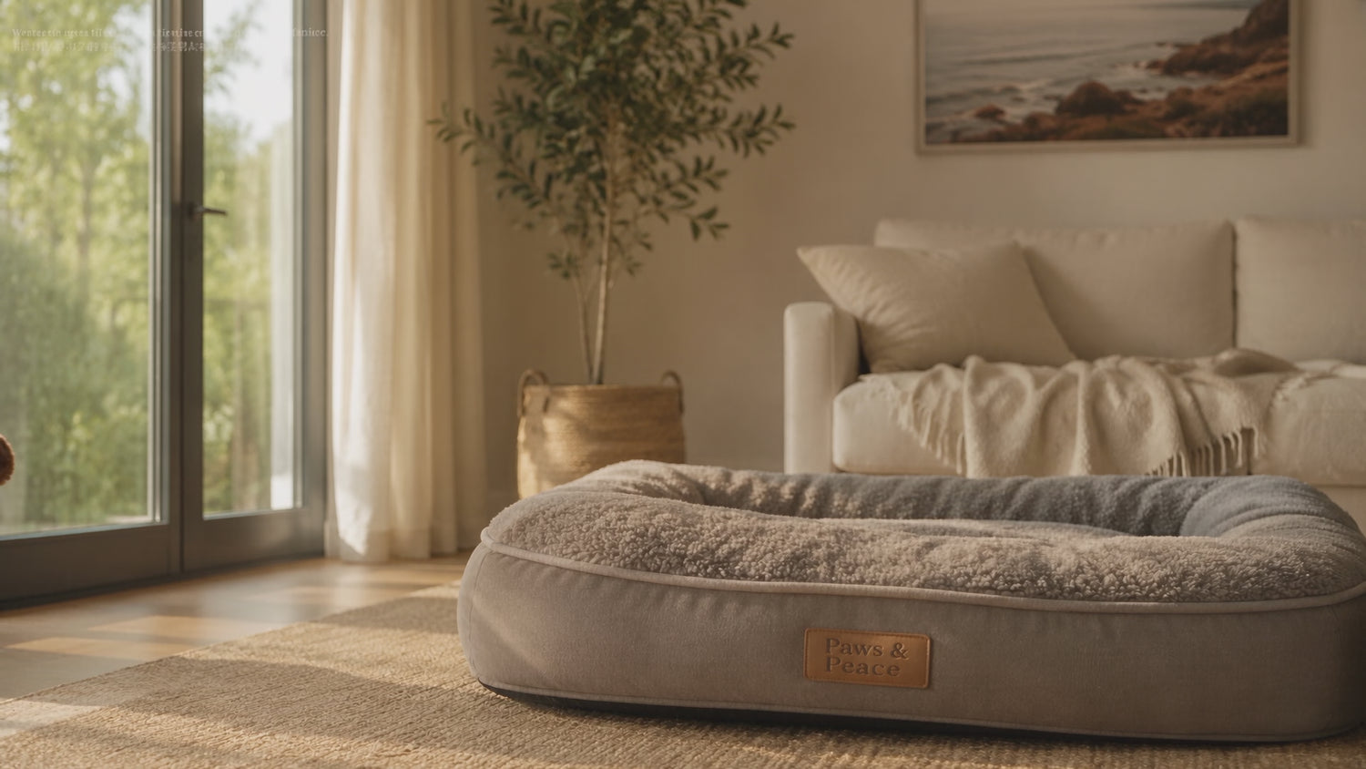 Golden retriever carries a comfort plush to its bed, turns around, and settles peacefully.